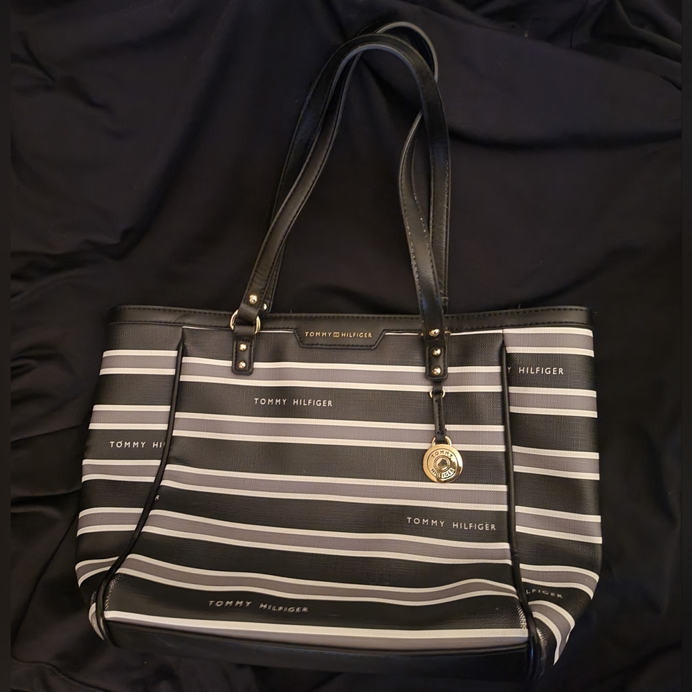 Tommy Hilfiger black & white stripped tote bag.